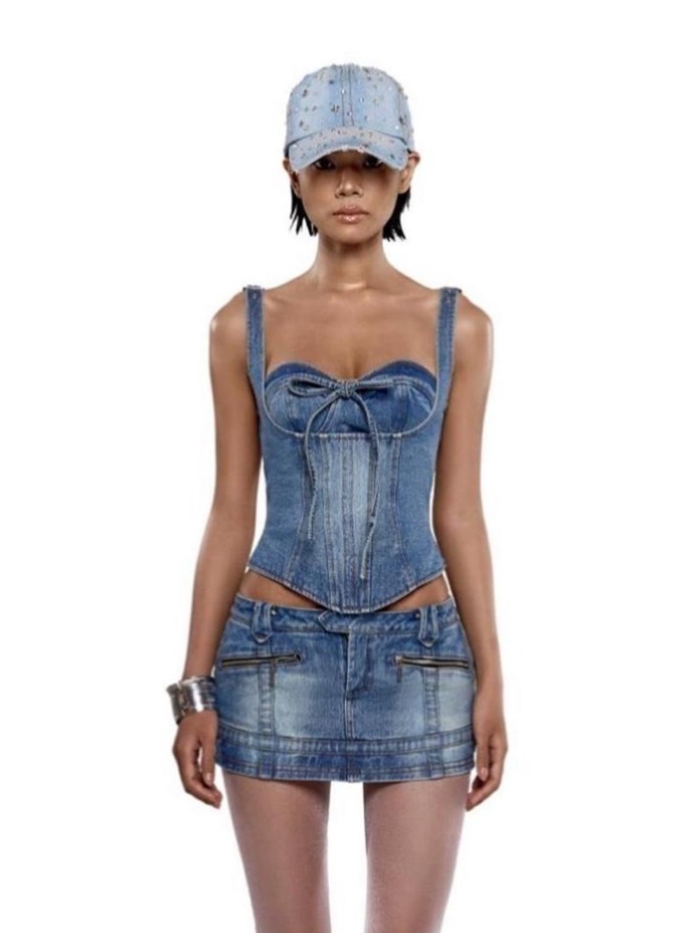 Blue Denim Corset Top and Mini Skirt Set - Unbranded